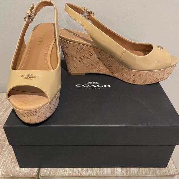 COACH Women's Tan Ferry Patent Shell Slingback Wedge Peep Toe Heels Shoes Size 7 - Picture 1 of 14